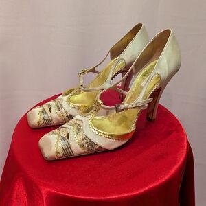 Prada Ivory and Gold T-Strap High Heel Pumps